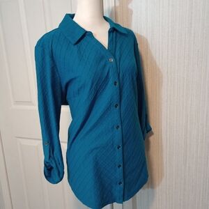 Kim Rogers Women's Size 1X Jersey Argyle Button Top Teal Roll Tab Sleeve, LNC